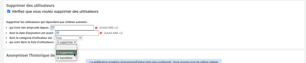 Section supprimer des utilisateurs de l'outil de suppression et d'anonymisation en lot, le menu déroulant "qui sont dans la liste d'utilisateurs" est déroulé et le curseur de la souris est sur l'option pour la liste qui s'appelle À supprimer