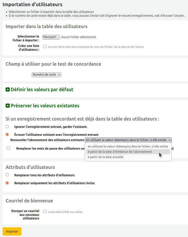 vue du formulaire d'importation d'utilisateurs