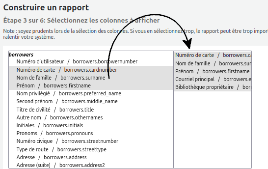 vue des champs sélectionnés dans la section droite de l'étape 3 de rapport guidé