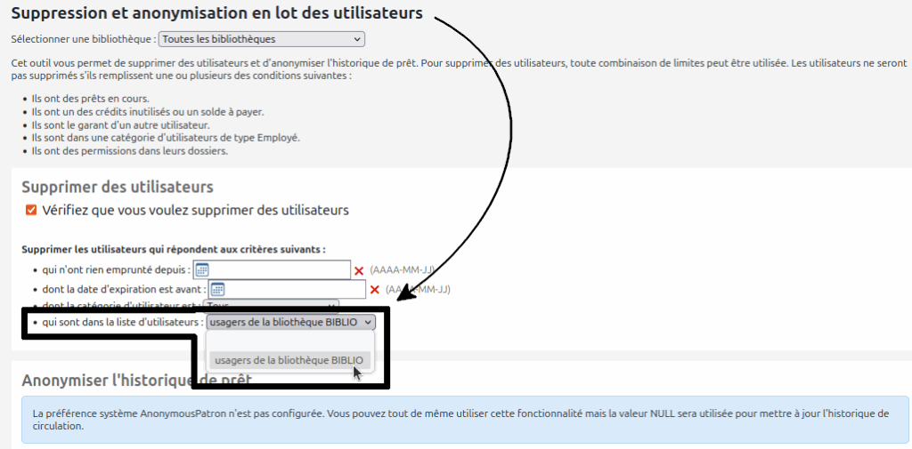 Section supprimer des utilisateurs de l'outil de suppression et d'anonymisation en lot, le menu déroulant "qui sont dans la liste d'utilisateurs" est déroulé et le curseur de la souris est sur l'option pour la liste qui s'appelle À supprimer