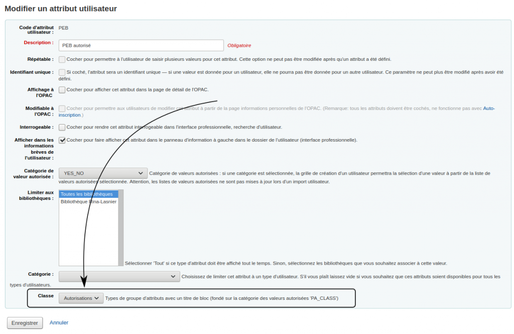 Flèche pointant le menu déroulant Classe dans le formulaire de modification d'attribut utilisateur