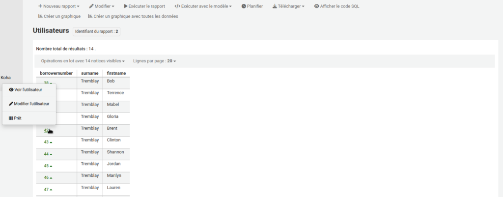 Résultats d'un rapport avec les colonnes borrowernumber, surname, et firstname. La première colonne contient les borrowernumbers qui sont des liens. Le curseur de la souris est sur le borrowernumber 42 et un menu est affiché pour Voir l'utilisateur, Modifier l'utilisateur, ou Prêt.