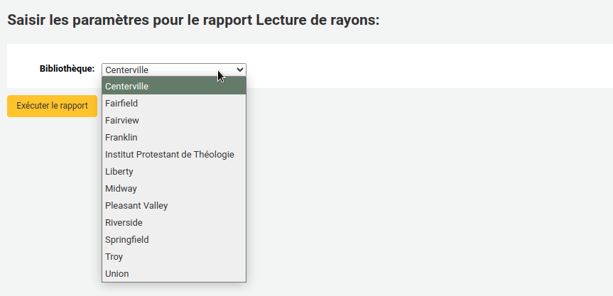 Choix de Bibliothèque, le menu déroulant contient toutes les bibliothèques.