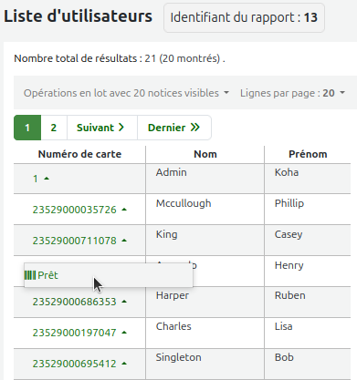 vue des noms de colonnes traduits (numéro de carte, nom et prénom) et de la fonction d'hyperlien du champ "cardnumber"