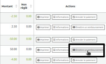 Onglet Transaction. image de la colonne action, présence de bouton «Émettre un remboursement» sur une ligne de transaction