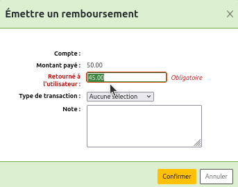 vue de la fenêtre "Émettre un remboursement"