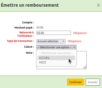un menu déroulant de choix de caisses sera affiché si votre Koha a des caisses