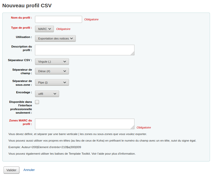 Formulaire d'ajout de profil CSV