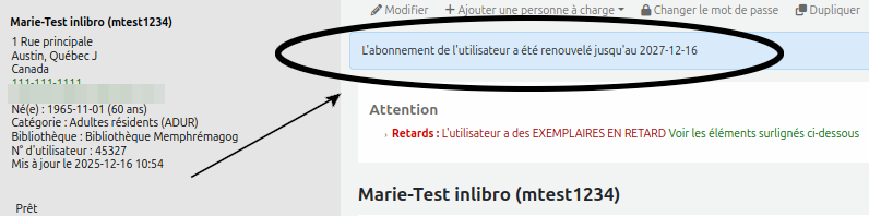 vue du message de la confirmation de la nouvelle date d'expiration du dossier.