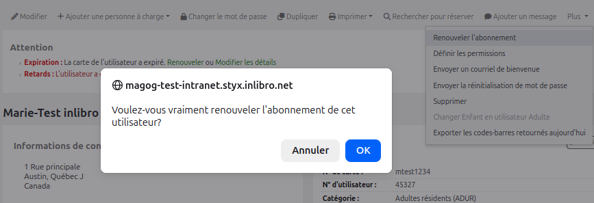 vue de la fenêtre de confirmation de renouvellement du dossier