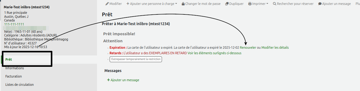vue du haut du dossier d'utilisateur, une flèche pointe vers le lien Renouveler dans le message d'expiration de l'onglet "Prêts"