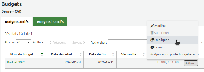 option «Dupliquer» du bouton action d'un budget