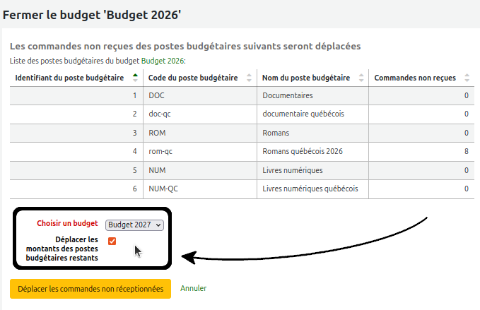 formulaire de transferts de commandes non reçues et de postes budgétaires non dépensés
