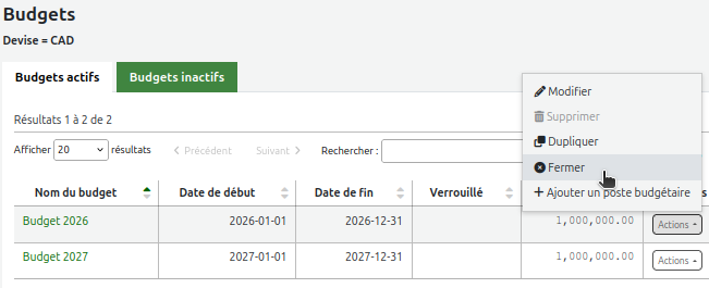 option «Fermer» du bouton action d'un budget