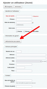 bouton «Rechercher» de la section garant du formulaire de nouvel utilisateur