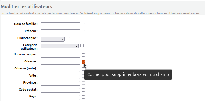 vue de la case à cocher du champ "Adresse" afin d'effacer son contenu dans tous les dossiers mentionnés dans l'outil de modification en lot