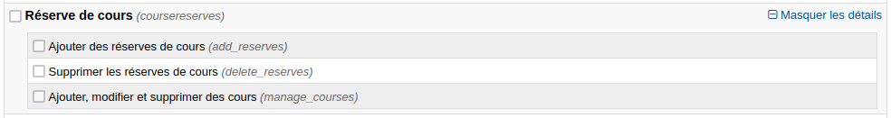 Capture d'écran des permissions concernant la réserve de cours