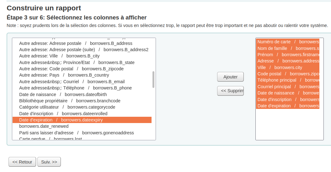 Ajout des champs du rapport de l'étape 3 de la création du rapport guidé.