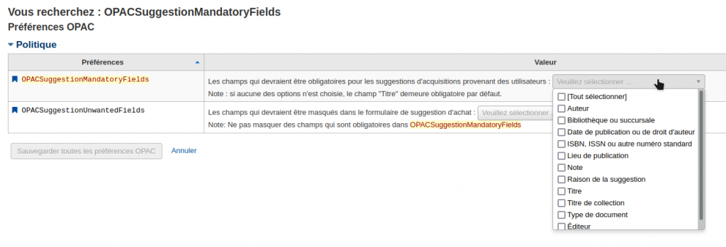 Capture d'écran de la préférence système OpacSuggestionMandatoryFIelds, le menu déroulant montrant les champs est déroulé