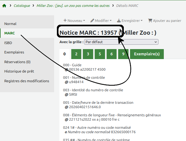 vue du biblionumber=13957 dans une de l'onglet "MARC" des sections gauche de la notice.
