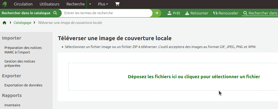 vue du lien "Déposer les fichiers ici ou cliquer pour sélectionner un fichier"
