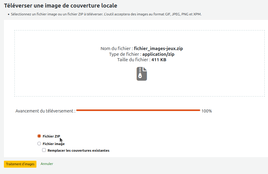vue d'un choix de fichier zip à importer et du paramètre "Fichier ZIP" à cocher sous le nom de fichier