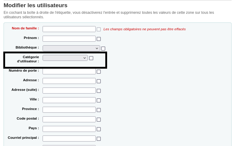 Capture d'écran du formulaire de modification d'utilisateurs en lot, le champ pour la catégorie d'utilisateur est mis en évidence