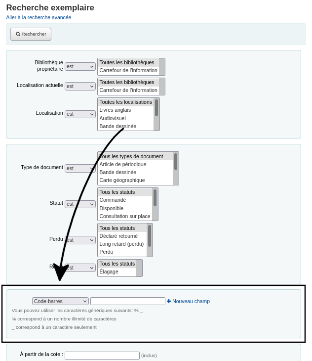 Capture d'écran du formulaire de recherche d'exemplaires, la section pour la recherche par code-barres et autres est mise en évidence