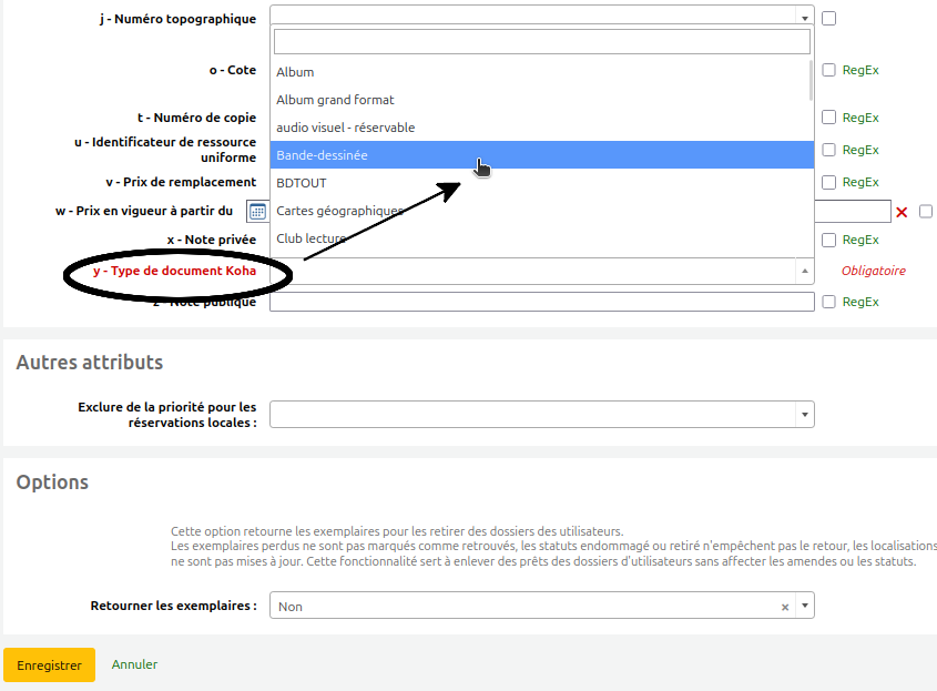 vue du menu déroulant du champ "type de document" du formulaire de modification d'exemplaires en lot