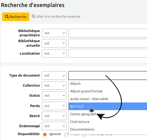 vue du menu déroulant du champ "type de document" du formulaire de recherche d'exemplaires