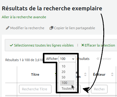 vue du paramètre "afficher X résultats" au haut des résultats de recherche