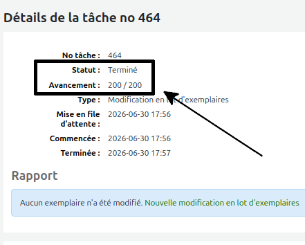 vue du statut "Terminé" et avancement égale à 200 / 200 d'une tâche de modification d'exemplaires en attente.