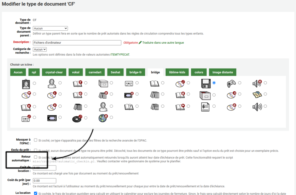 La case Retour automatique dans le formulaire de modification de type de document est mise en évidence