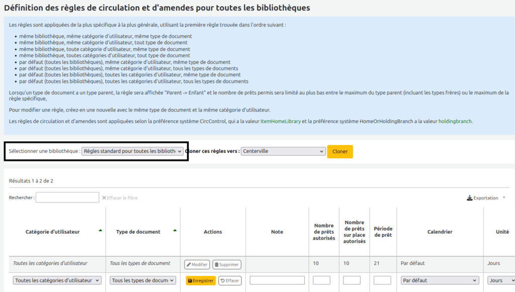 Page des règles de circulation, la section pour sélectionner la bibliothèque est mise en évidence.