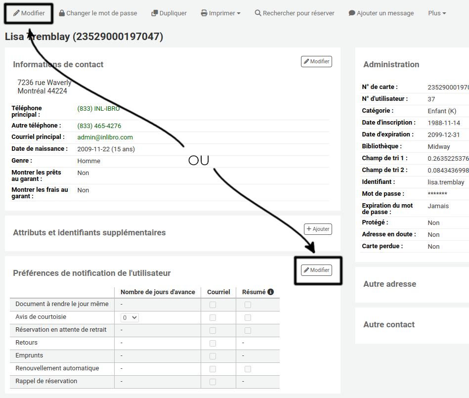 Dossier d'utilisateur, les boutons Modifier en haut complètement du dossier et celui dans la section Préférences de notification de l'utilisateur sont mis en évidence