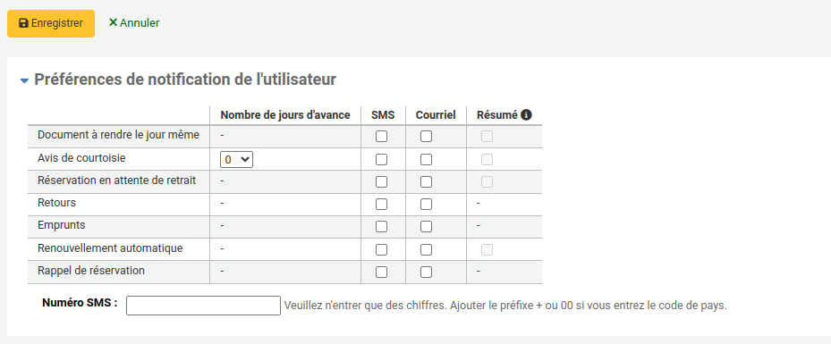 Tableau de préférences de notification de l'utilisateur