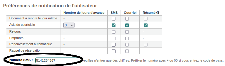 vue du numéro sms dans le formulaire préférences de messagerie du dossier de l'usager