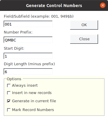 Capture d'écran du formulaire de création de numéros de contrôle dans MARCEdit