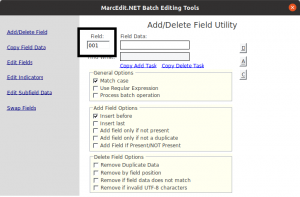 Capture d'écran de la fenêtre Add/Delete Field Utility, le champ Field est rempli avec 001