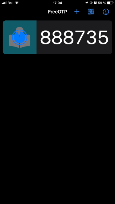Capture d'écran de l'application mobile FreeOTP, un code à 6 chiffre est généré à toutes les 30 secondes