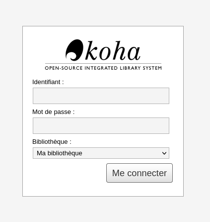 Écran de connexion de l'interface professionnelle de Koha