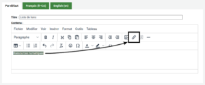 Capture d'écran de la boîte de texte pour le contenu, le bouton de lien est mis en évidence