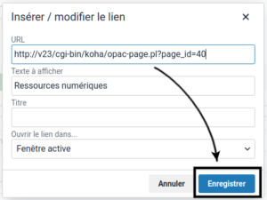 Fenêtre d'ajout d'hyperlien, le bouton Enregistrer est mis en évidence