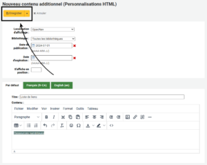 Formulaire d'ajout de personnalisation HTML, le bouton Enregistrer en haut à gauche est mis en évidence