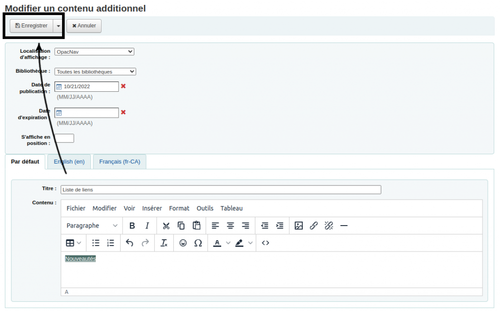 Formulaire de modification de contenu additionnel, le bouton enregistrer, en haut de la page est mis en évidence
