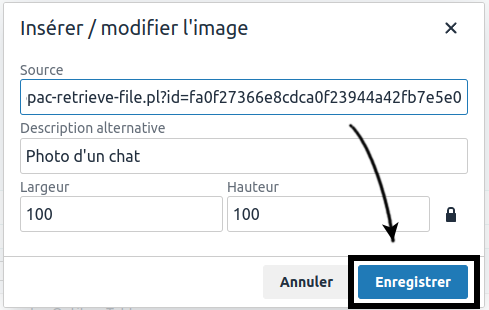 Formulaire d'ajout d'une image dans du contenu additionnel, le bouton Enregistrer est mis en évidence