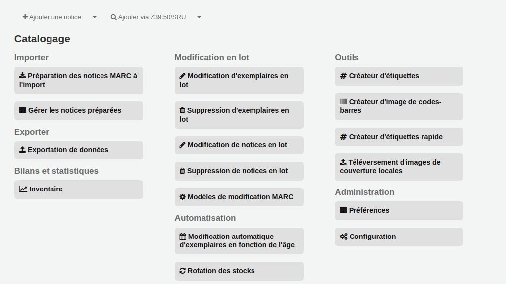 Page d'accueil du module de catalogage