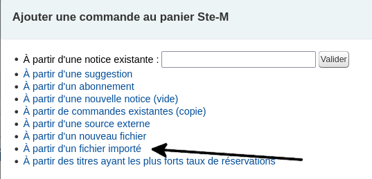 option «fichier importé» de la fenêtre option de commande