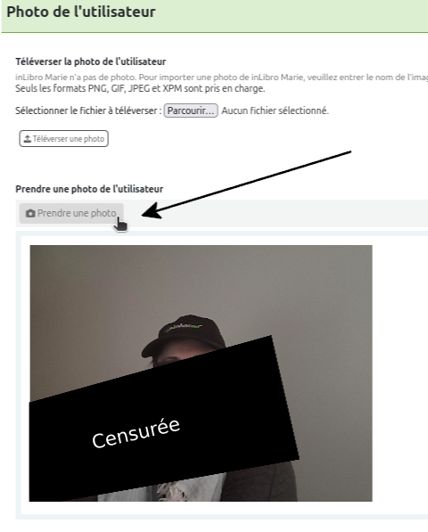 bouton «prendre une photo» au haut de la vue de la future photo
