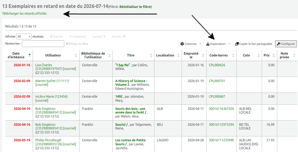 vue du lien "Télécharger les retards affichés" et du bouton "Exportation" dans la page de liste de prêts